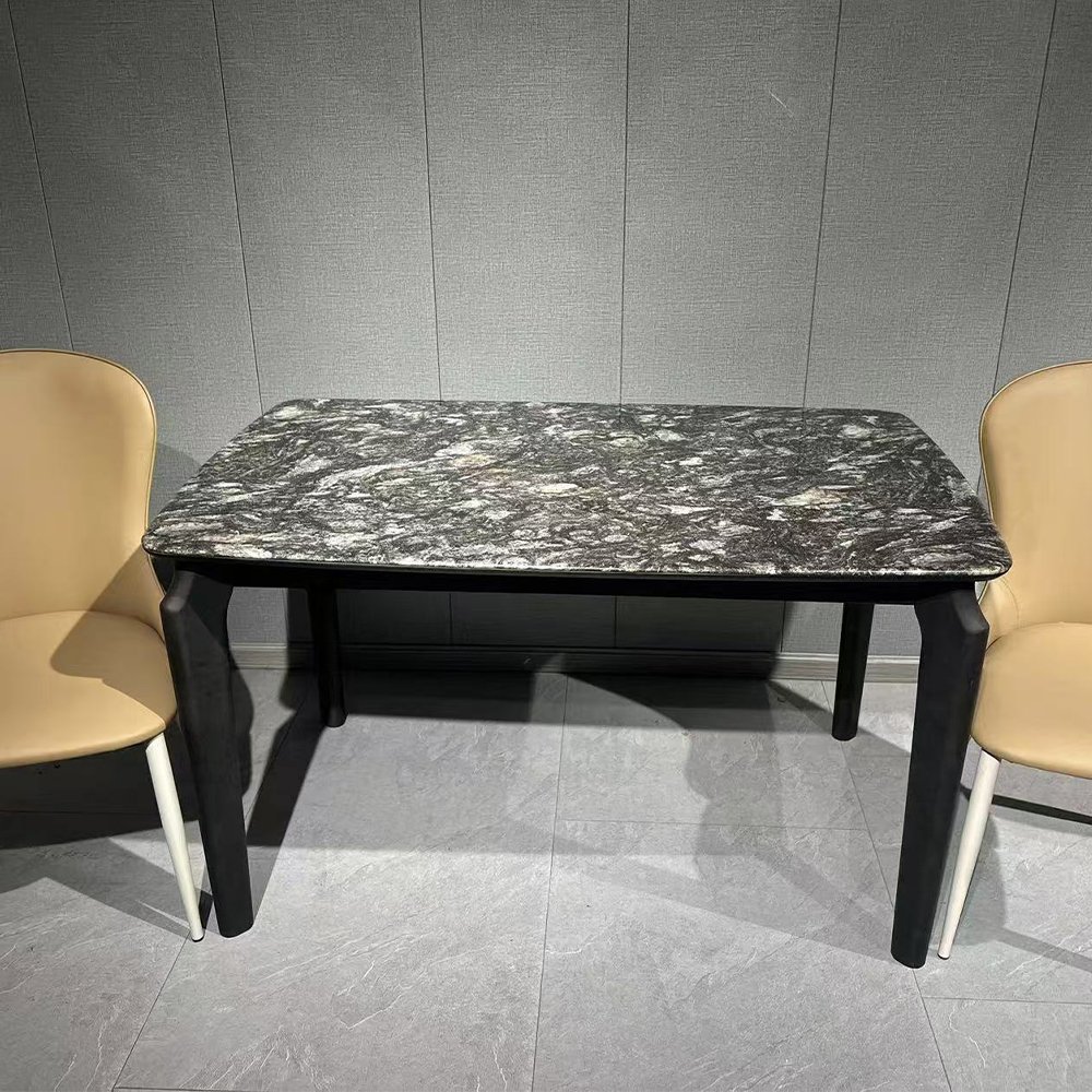 Italian Luxury Furniture's Modern Rectangular Dining Table Cosmic Black Super Crystal Stone Top Solid Wood Base Kitchen Use