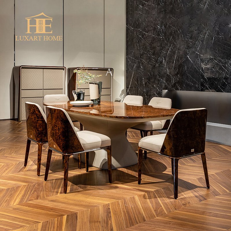 Luxury solid wood modern table leather six-chair combination furniture can be customized dining table set with B logo