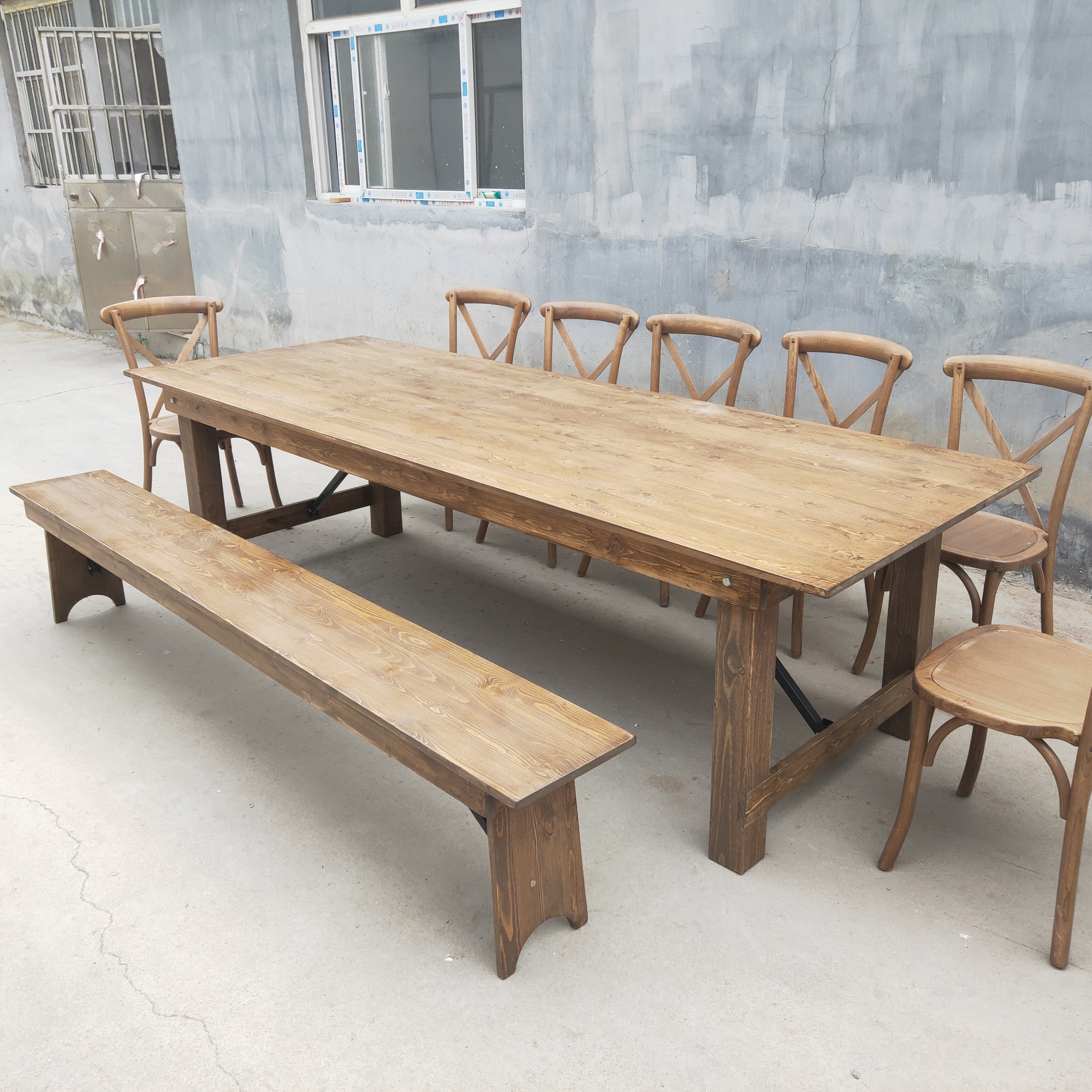 Modern Outdoor Natural Solid Wood Rectangular Farm Dinning Table With Benches For Wedding Party Events