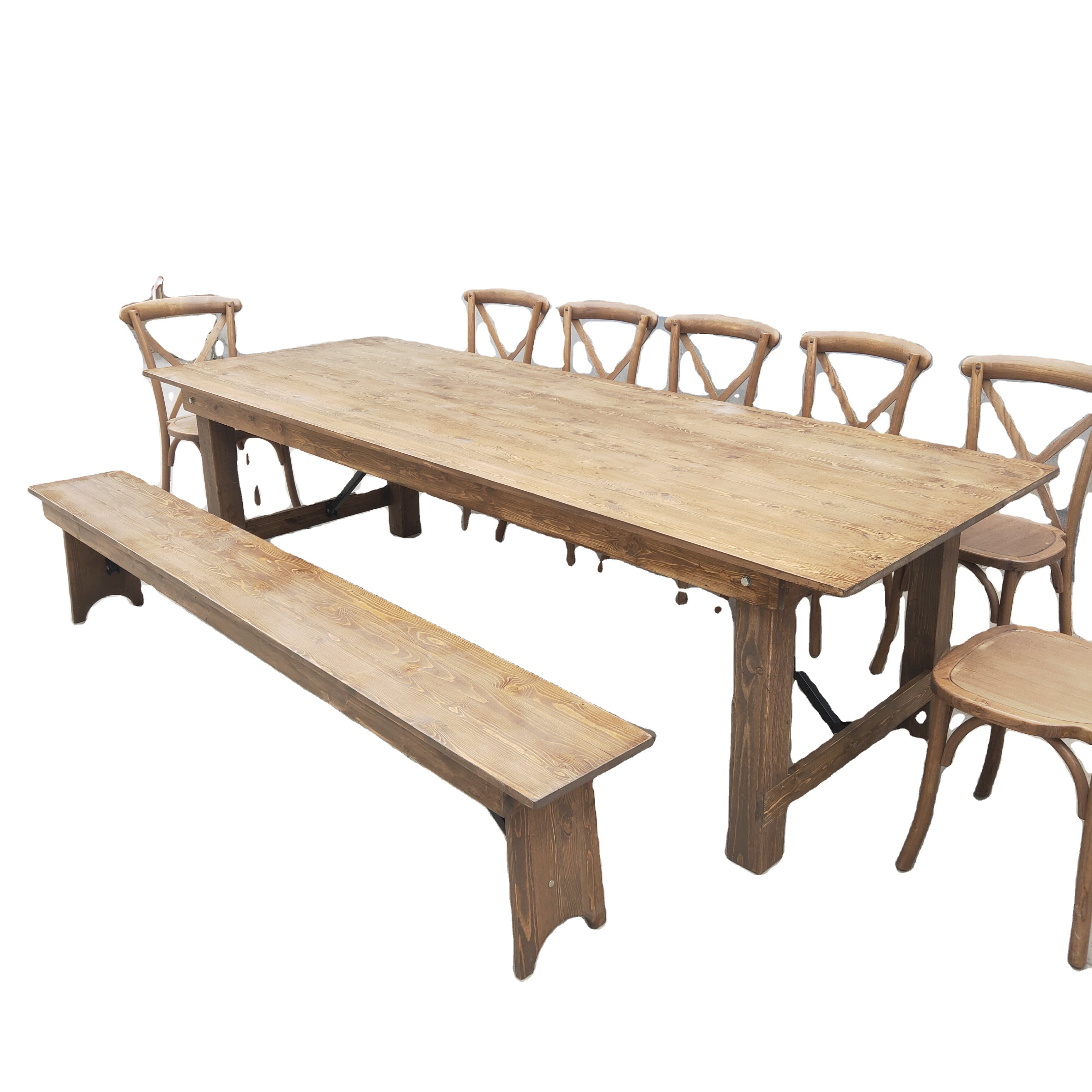Modern Outdoor Natural Solid Wood Rectangular Farm Dinning Table With Benches For Wedding Party Events