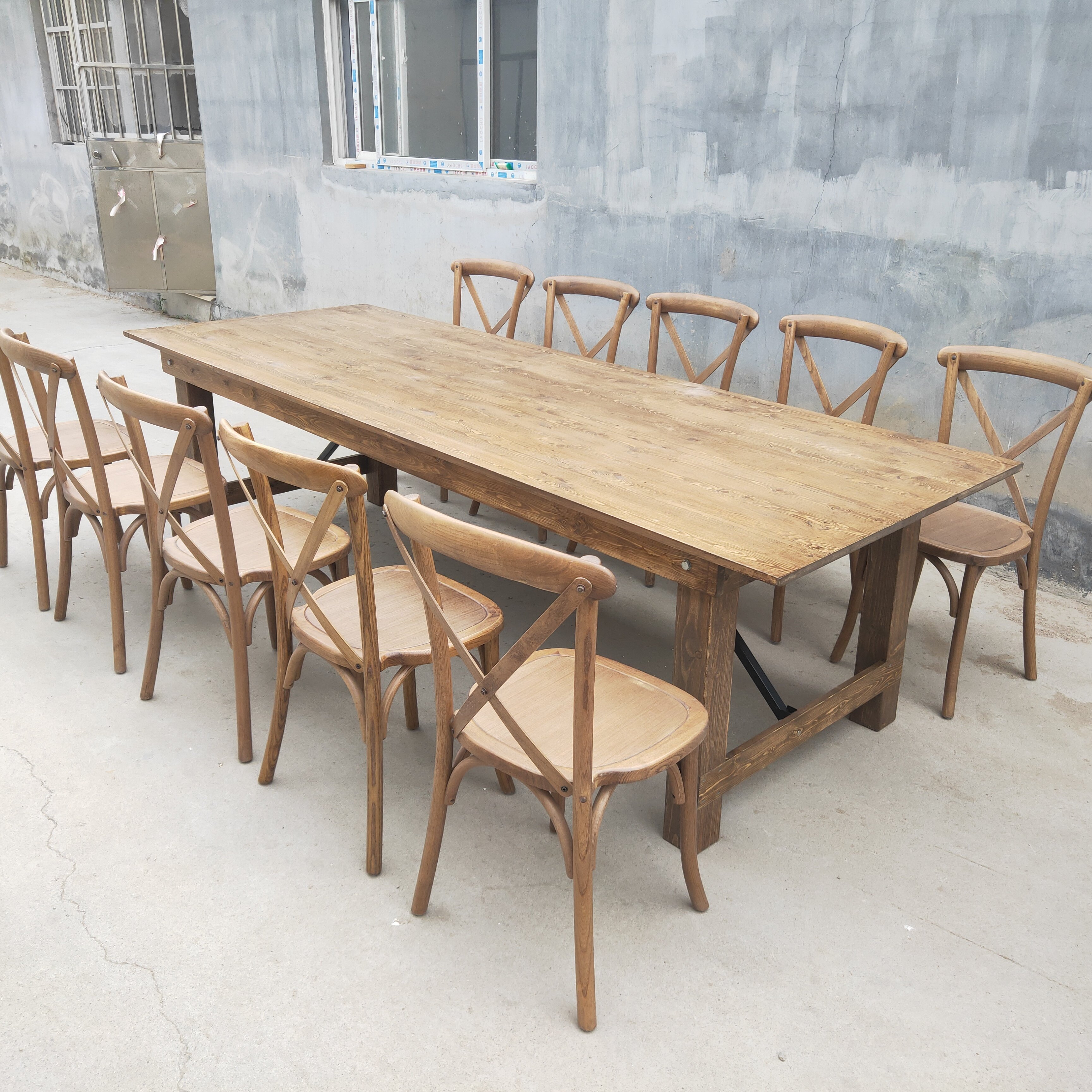 Modern Outdoor Natural Solid Wood Rectangular Farm Dinning Table With Benches For Wedding Party Events