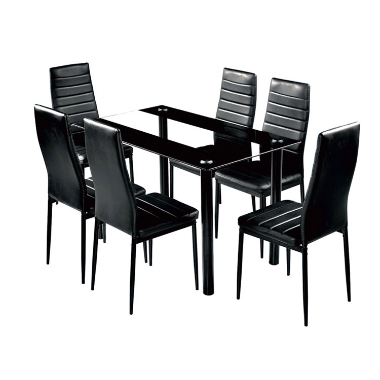 Home Furniture Restaurant Kitchen Dining Room Modern Rectangle Glass Top Wood Printed Transfer Metal Legs Dining Table Set
