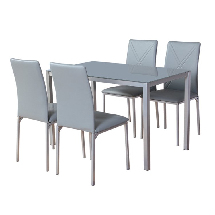 Home Furniture Restaurant Kitchen Dining Room Modern Rectangle Glass Top Wood Printed Transfer Metal Legs Dining Table Set