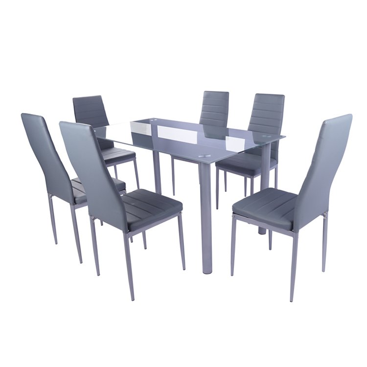 Home Furniture Restaurant Kitchen Dining Room Modern Rectangle Glass Top Wood Printed Transfer Metal Legs Dining Table Set