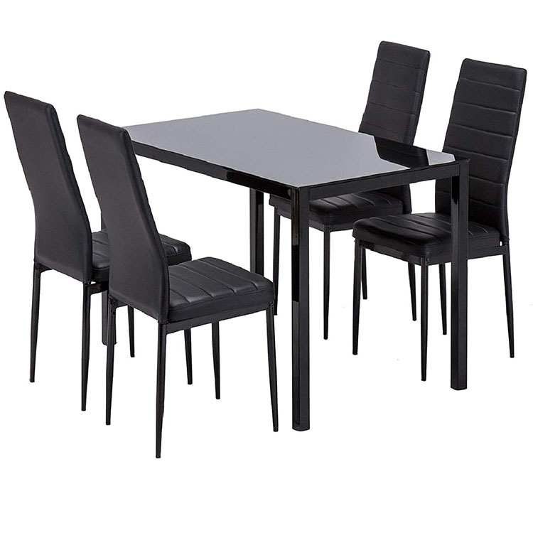 Home Furniture Restaurant Kitchen Dining Room Modern Rectangle Glass Top Wood Printed Transfer Metal Legs Dining Table Set