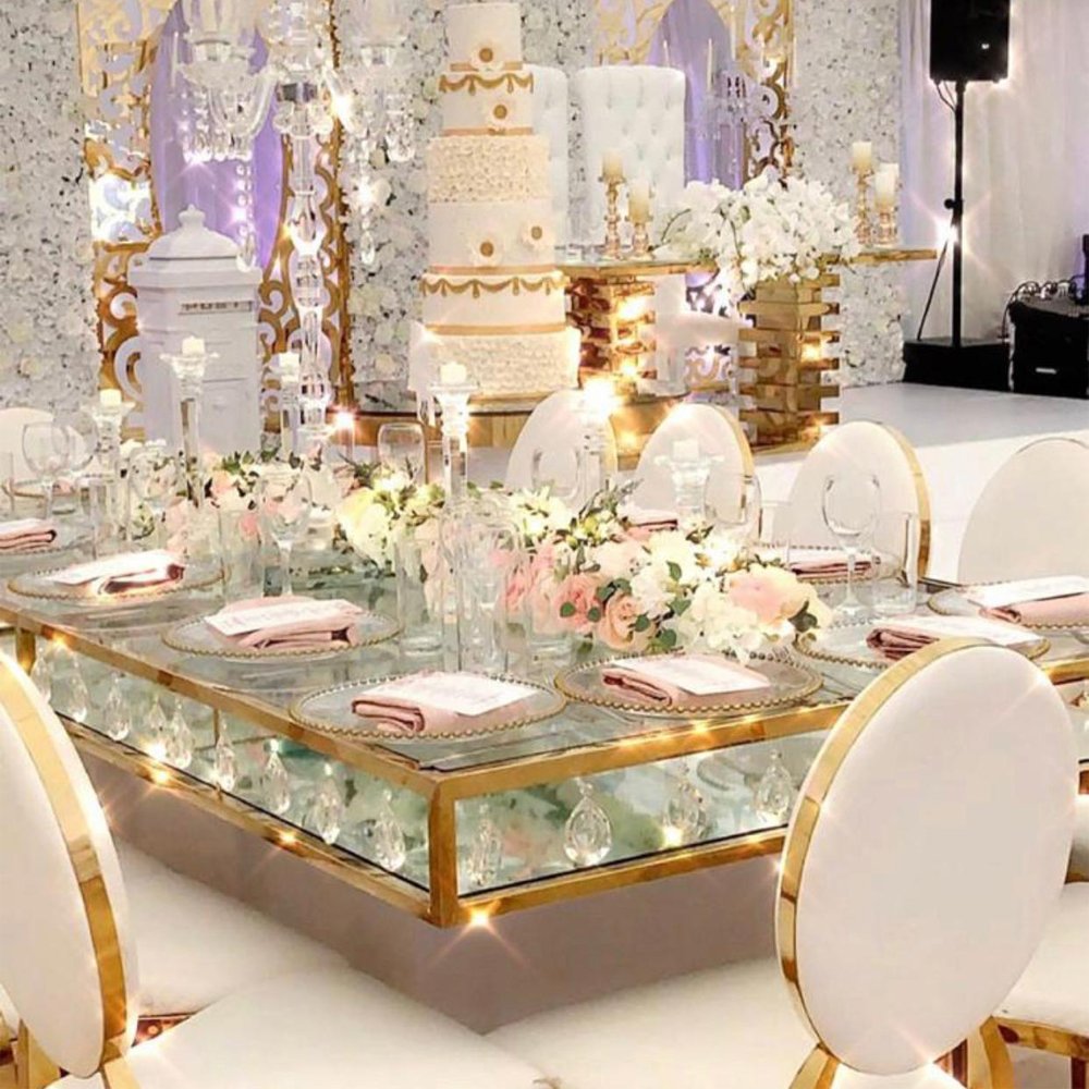 Romantic Metal Frame Glass Top Rectangle Stainless Steel Furniture For Wedding Table