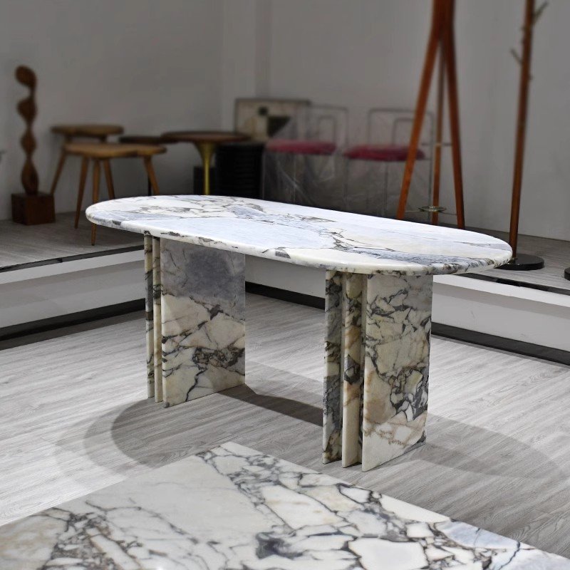 Customized Polished Honed Modern Natural Stone Oval Shape Galaxy Blue Marble Dining Table for Restaurant Hotel Villa