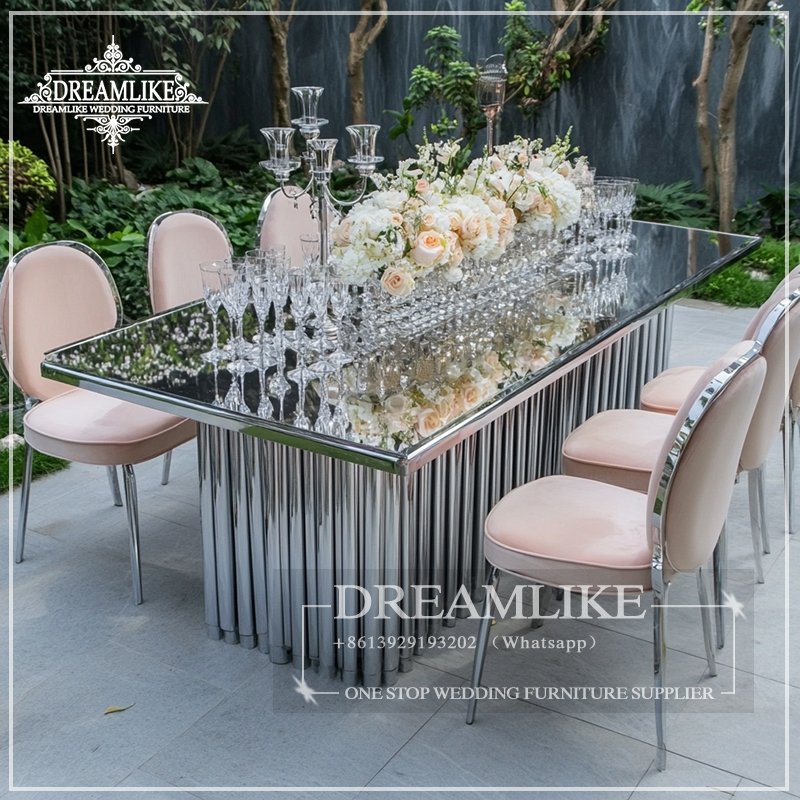 DM stainless steel mirror rectangular glass table party banquet wedding table and chairs rectangular glass table