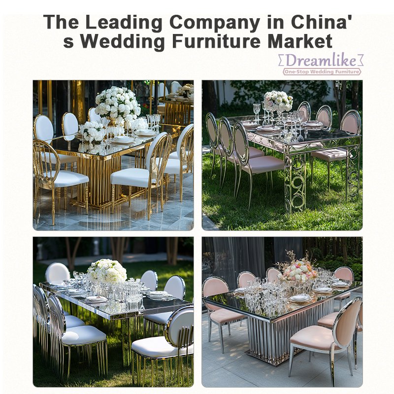 DM stainless steel mirror rectangular glass table party banquet wedding table and chairs rectangular glass table