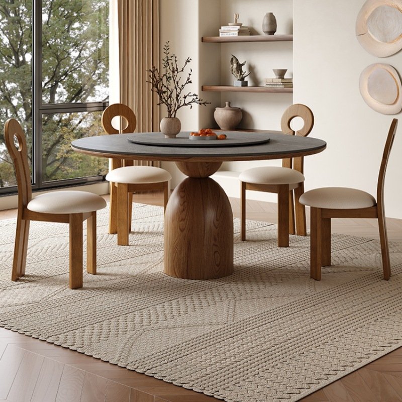 New trend round marble table dining table and chair set with solid wood legs and turntable for hotel restaurant