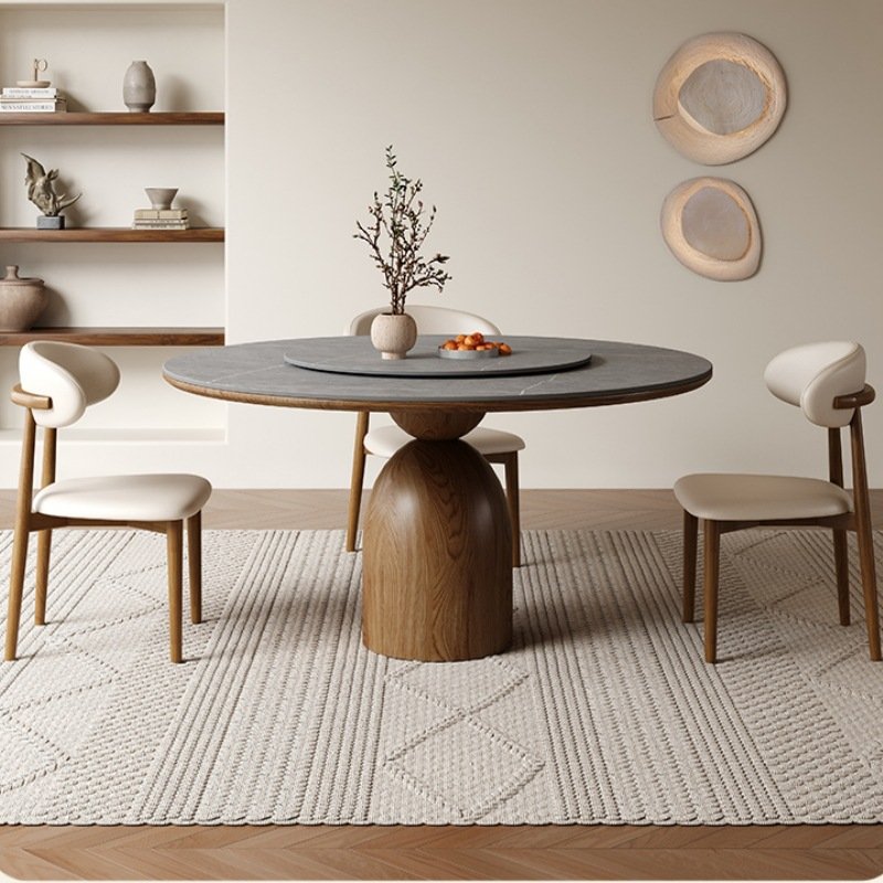 New trend round marble table dining table and chair set with solid wood legs and turntable for hotel restaurant