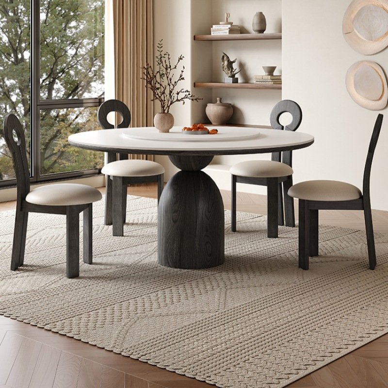 New trend round marble table dining table and chair set with solid wood legs and turntable for hotel restaurant