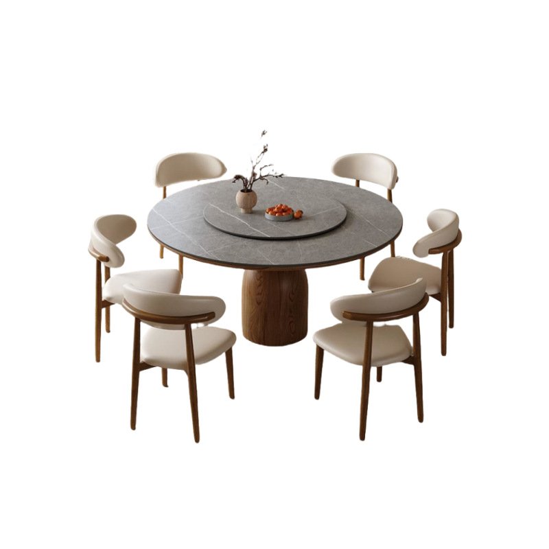 New trend round marble table dining table and chair set with solid wood legs and turntable for hotel restaurant