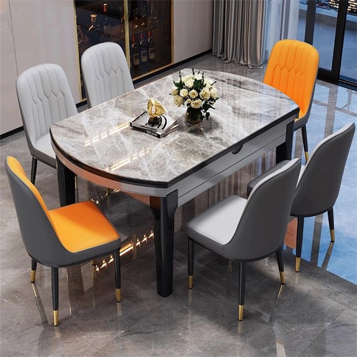Low Price French Midcentury Leather Chaise Dining Table with Blake Marble/Sintered Stone Top Extendable