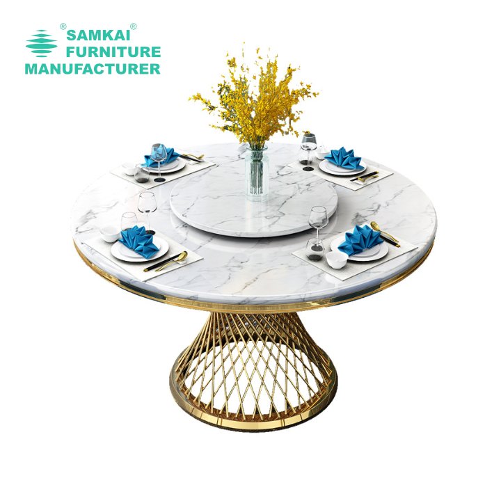 SK-YHZ-K003 Factory wholesale party event gold stainless steel base luxury round banquet table
