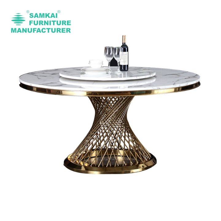 SK-YHZ-K003 Factory wholesale party event gold stainless steel base luxury round banquet table