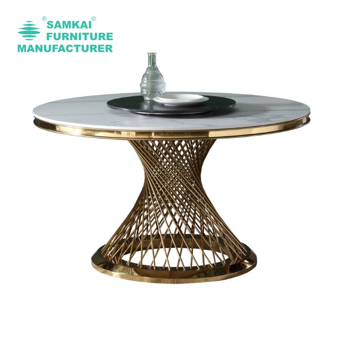 SK-YHZ-K003 Factory wholesale party event gold stainless steel base luxury round banquet table
