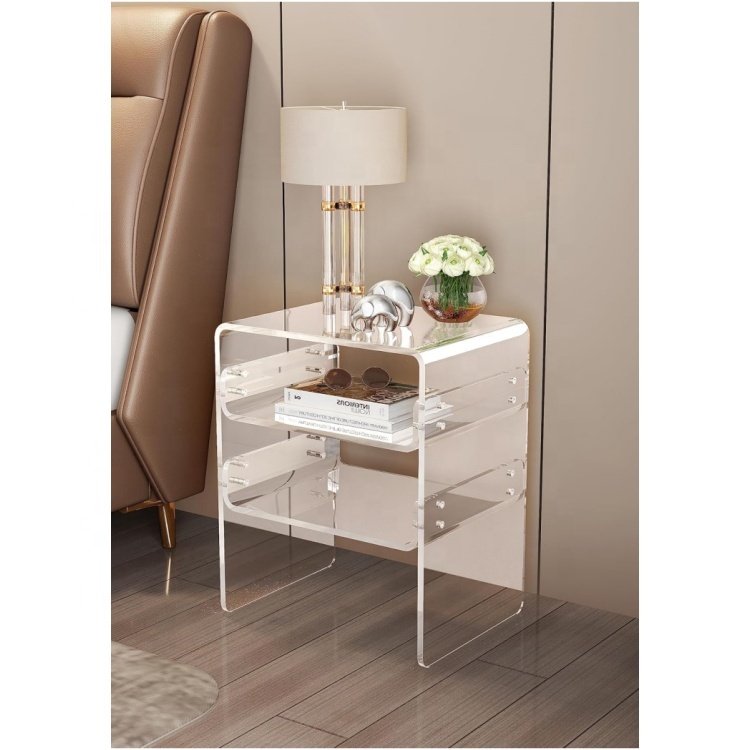 3-Tier Storage acrylic Side Table Clear Nightstand Thick Modern End Table with Round Edge for Living Room Bedroom Bathroom