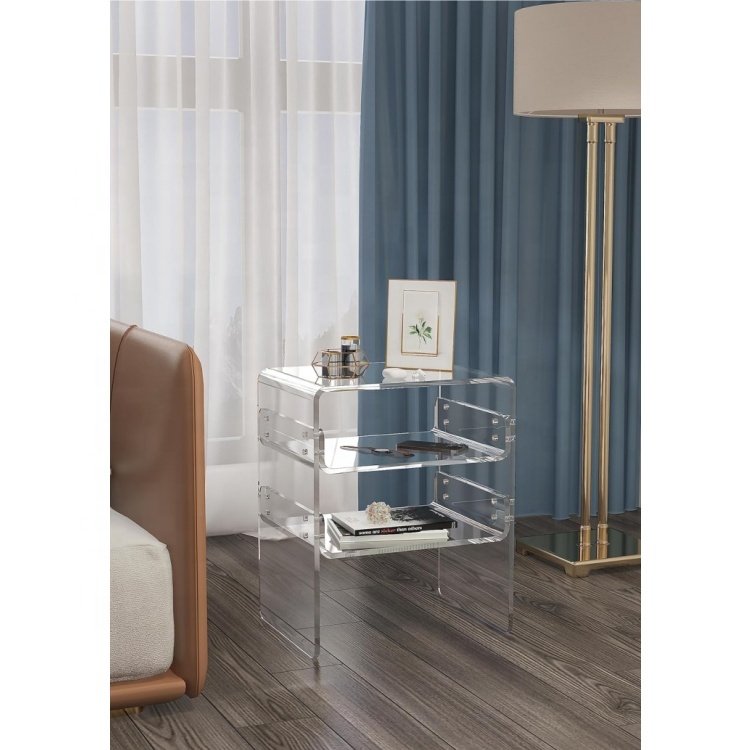 3-Tier Storage acrylic Side Table Clear Nightstand Thick Modern End Table with Round Edge for Living Room Bedroom Bathroom