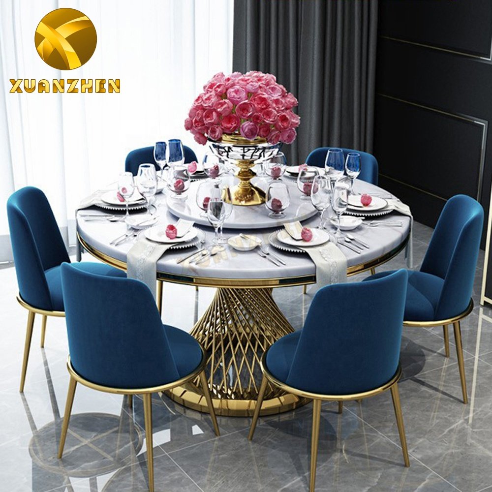 2020 top luxury soft parcel hotel restaurant round marble dining table set dining tables with turntable for sale