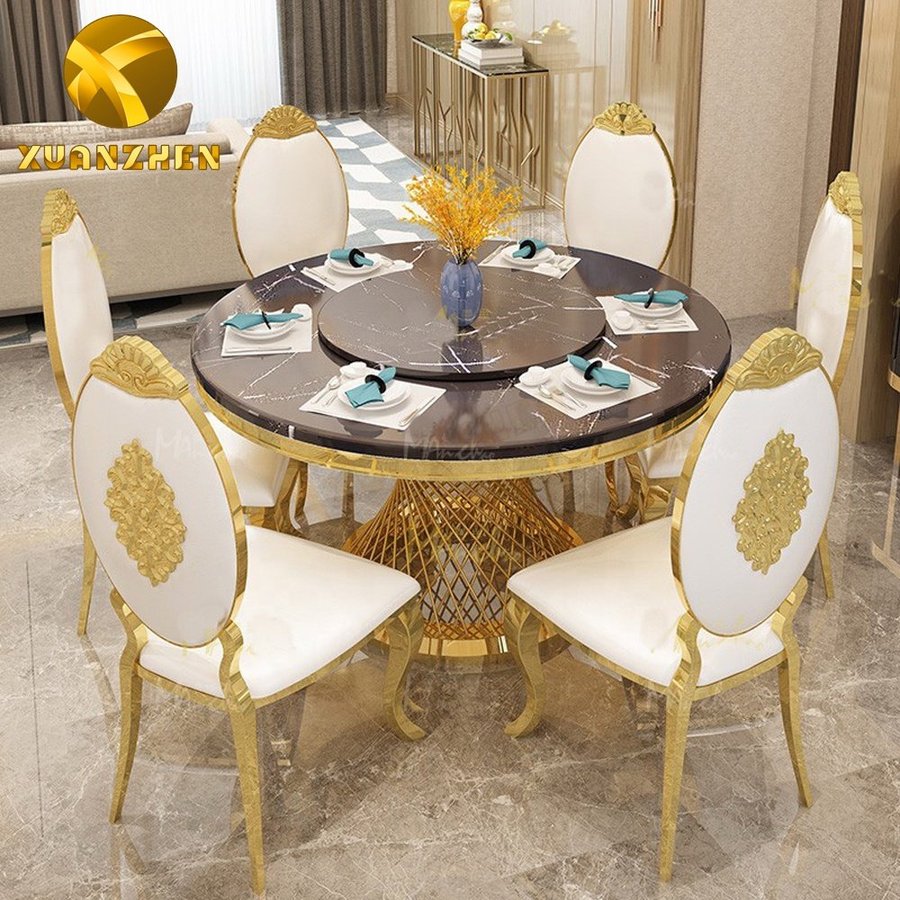 2020 top luxury soft parcel hotel restaurant round marble dining table set dining tables with turntable for sale