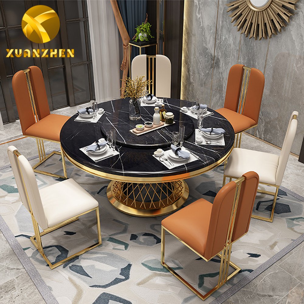 2020 top luxury soft parcel hotel restaurant round marble dining table set dining tables with turntable for sale