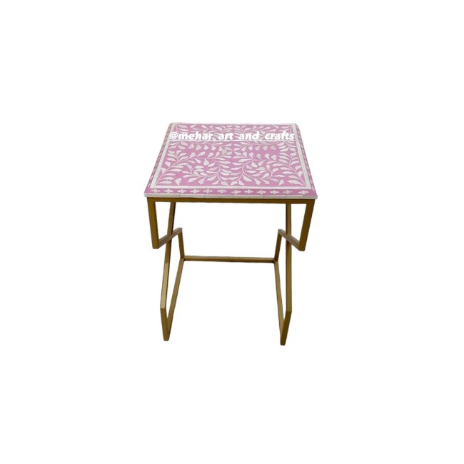 Set of Bone Inlay Decorative Nesting Tables with Iron Stand for Home Hotel & Restaurant for Living Room & Bedroom