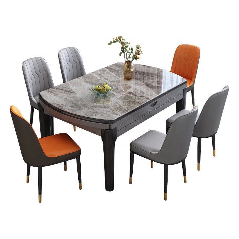 Chinese style dining room furniture hot modern luxury wood fame extendable marble dining table and chairs