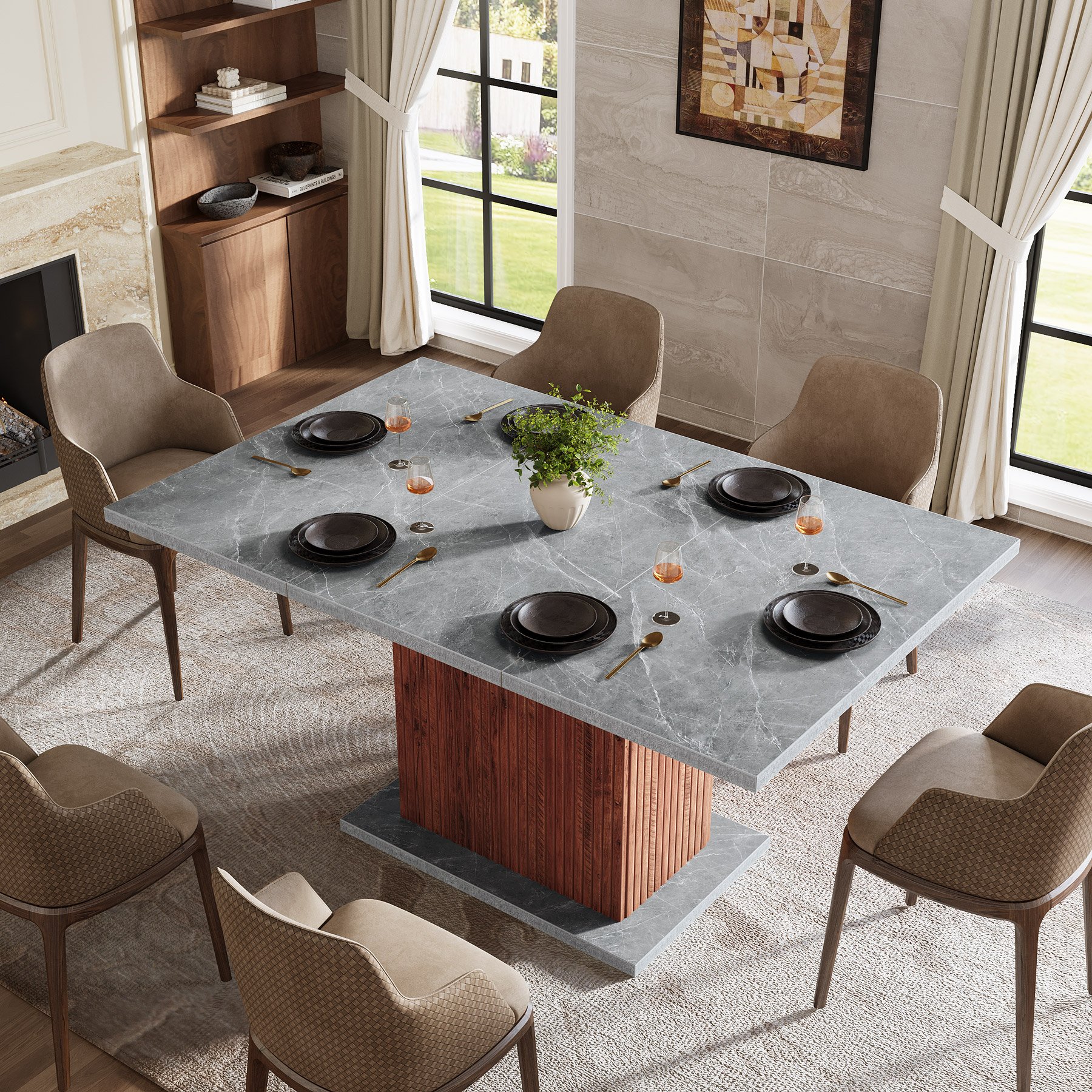Tribesigns Rectangle Faux Marble Dining Table for 4-6 People 55" Faux Marble Farmhouse Kitchen Table Marble Dinner Table