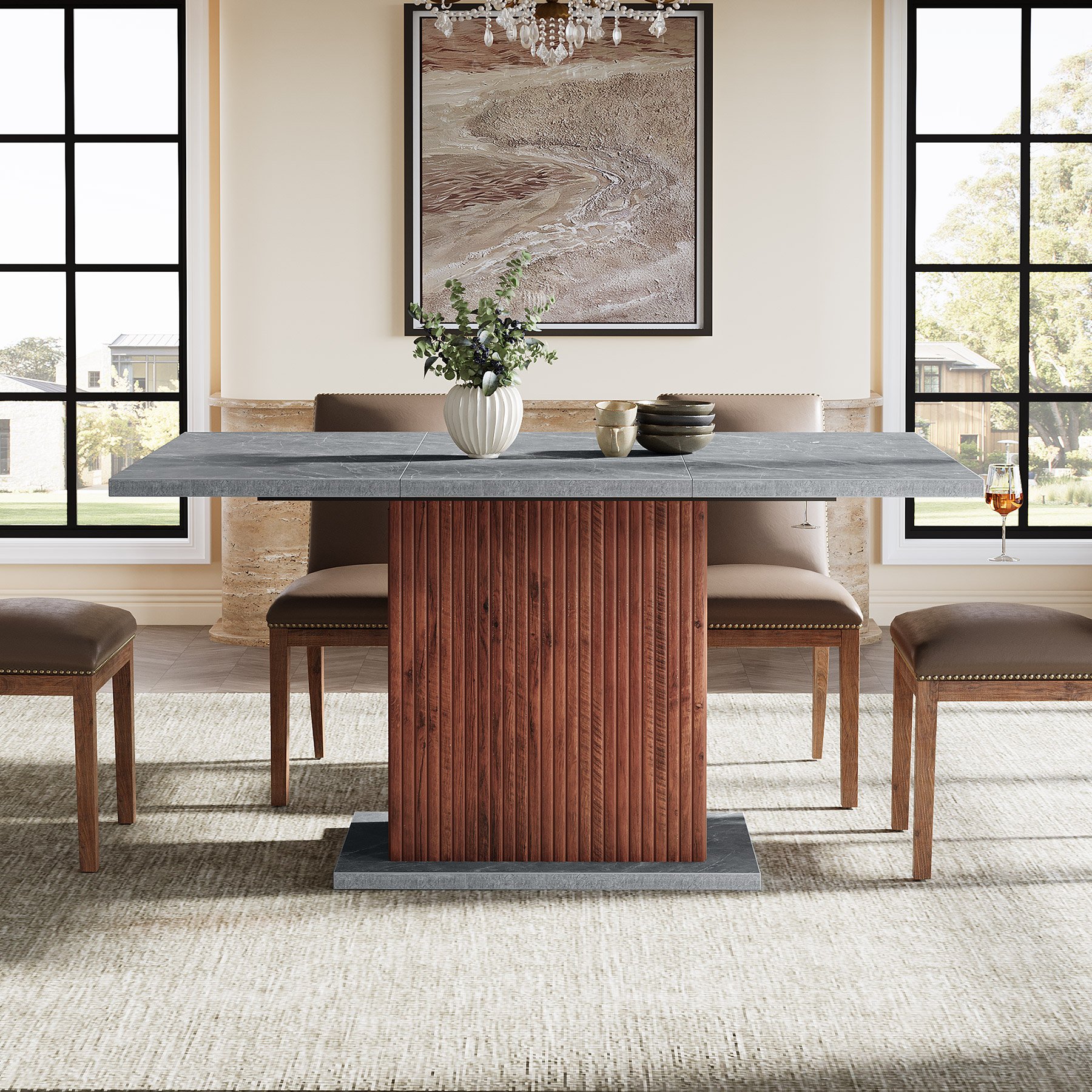 Tribesigns Rectangle Faux Marble Dining Table for 4-6 People 55" Faux Marble Farmhouse Kitchen Table Marble Dinner Table