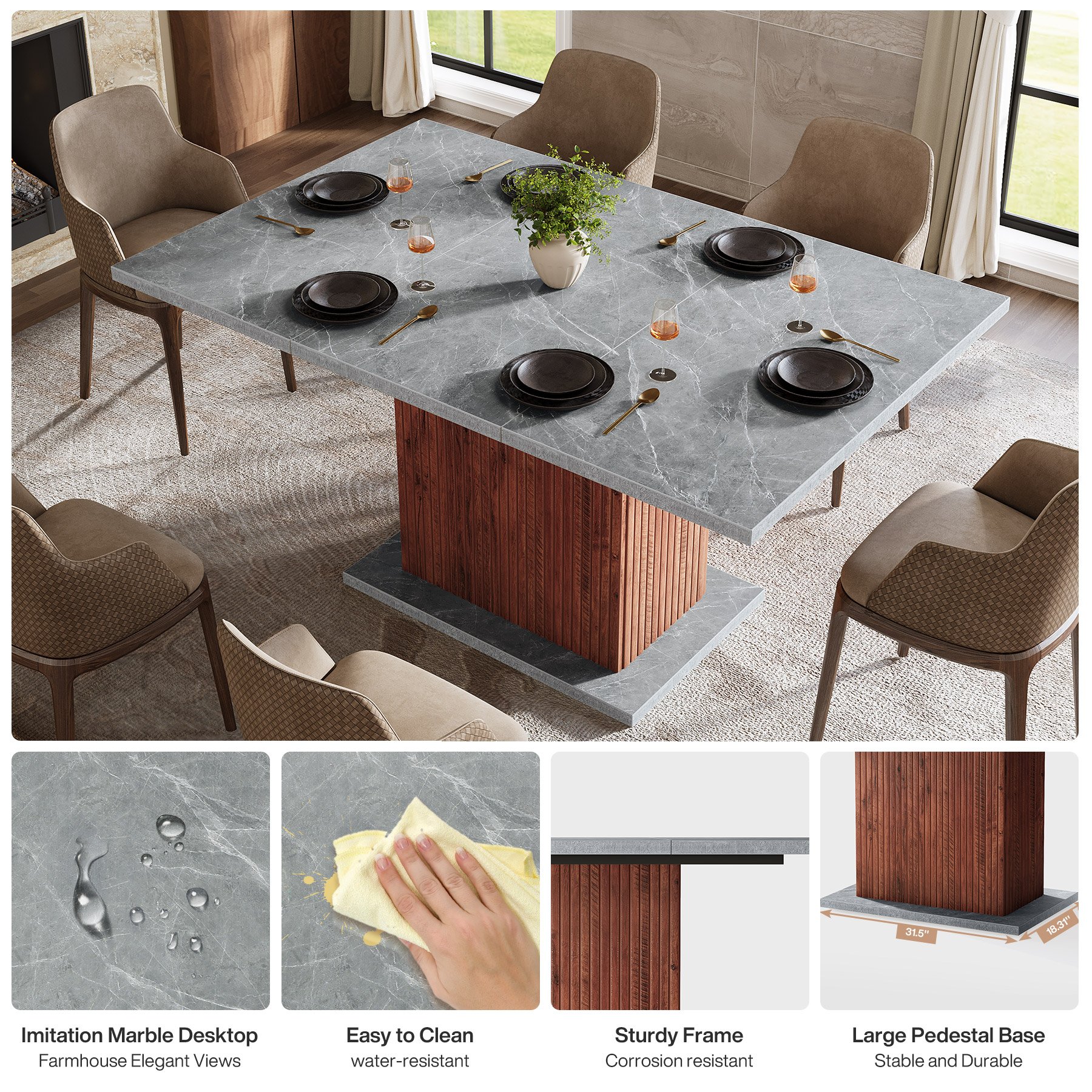 Tribesigns Rectangle Faux Marble Dining Table for 4-6 People 55" Faux Marble Farmhouse Kitchen Table Marble Dinner Table
