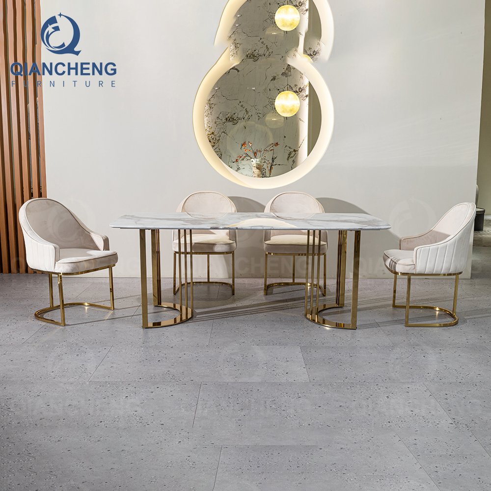 Artificial marble laminate italian 180*90 dinner room furniture dining table set with 8 seater chair