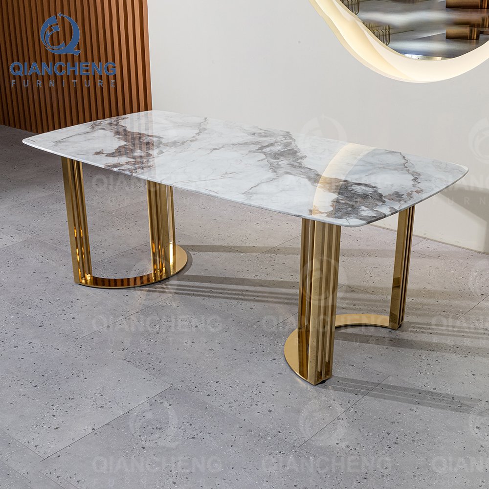 Artificial marble laminate italian 180*90 dinner room furniture dining table set with 8 seater chair