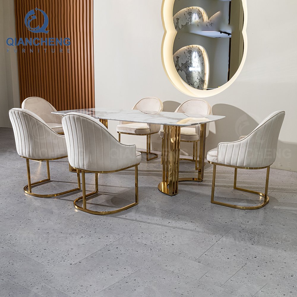Artificial marble laminate italian 180*90 dinner room furniture dining table set with 8 seater chair