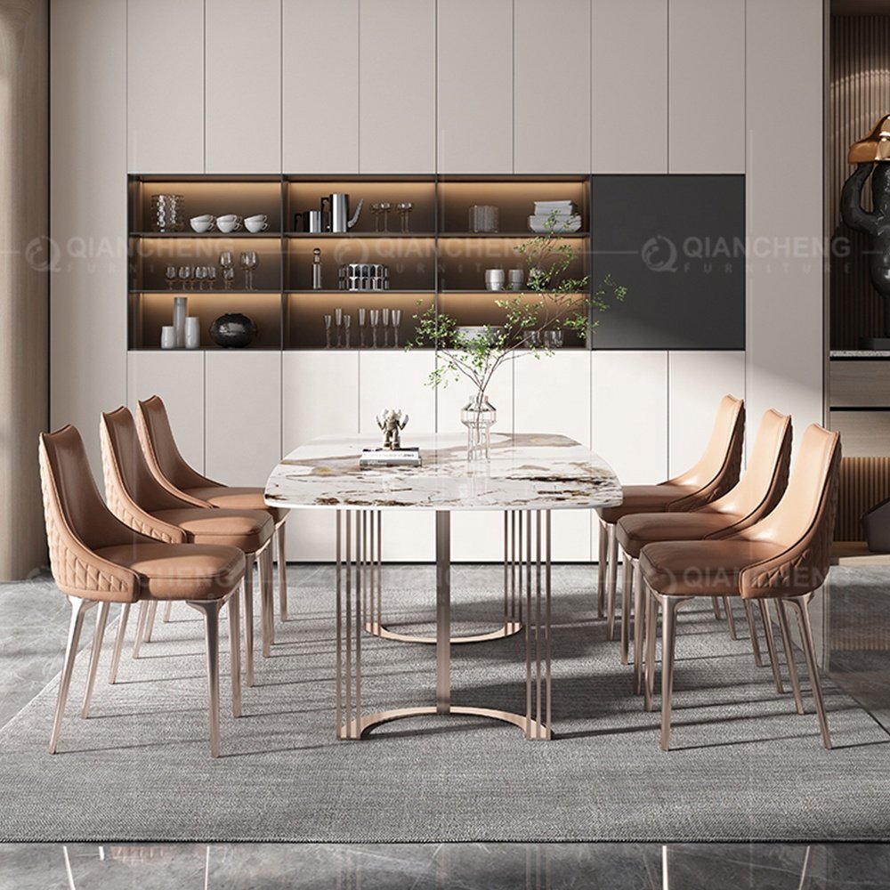 Artificial marble laminate italian 180*90 dinner room furniture dining table set with 8 seater chair