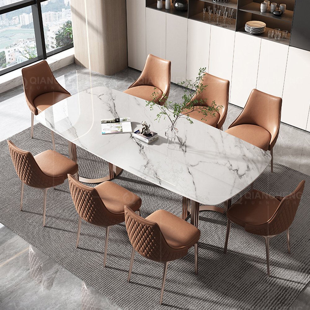 Artificial marble laminate italian 180*90 dinner room furniture dining table set with 8 seater chair