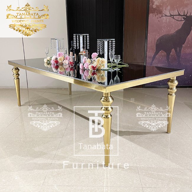 Mirror glass top 8 people gold dining table set for wedding