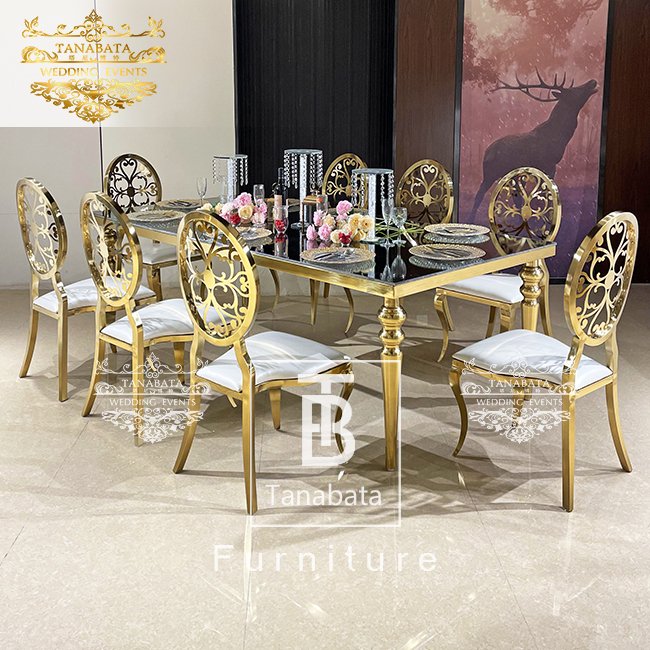 Mirror glass top 8 people gold dining table set for wedding