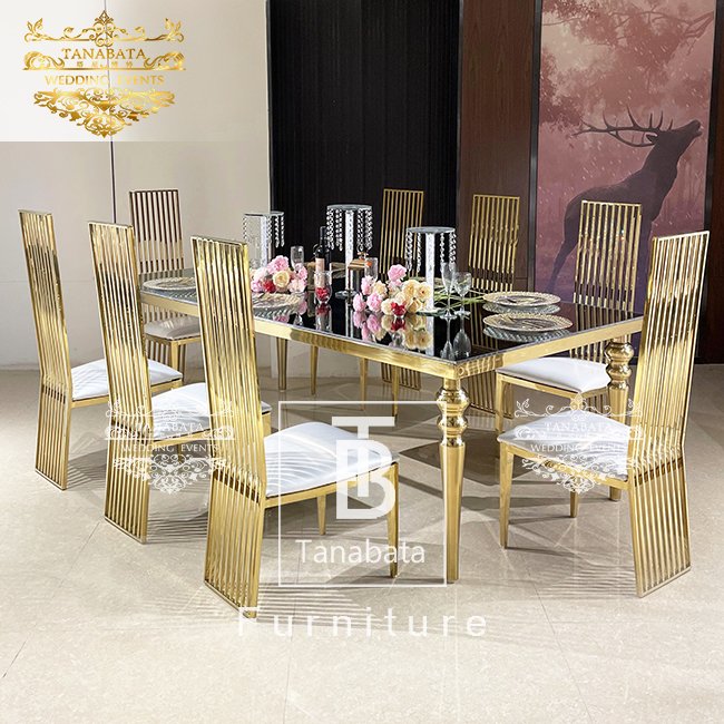 Mirror glass top 8 people gold dining table set for wedding