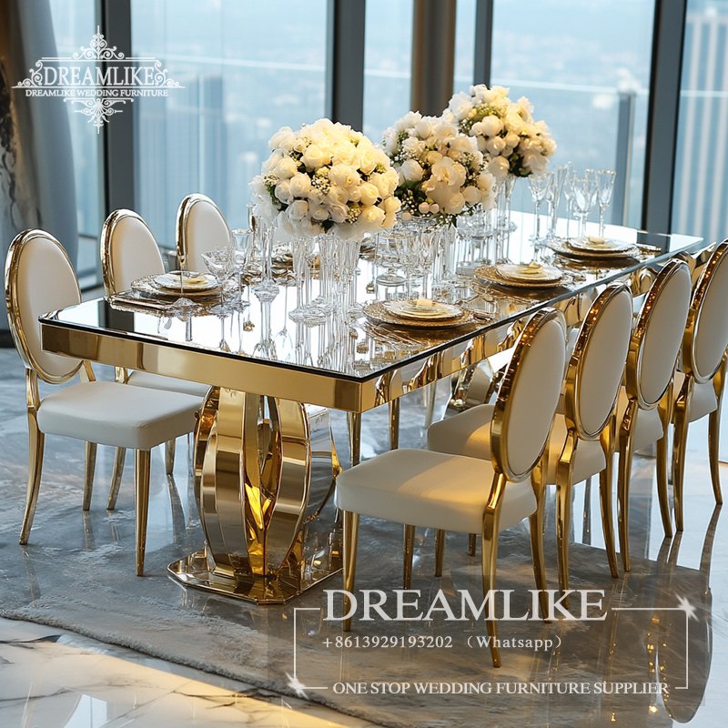 Gold Stainless Steel Rectangle Table and Chairs for Parties Wedding Rentals Hotel Furniture with Mirror Glass Tables