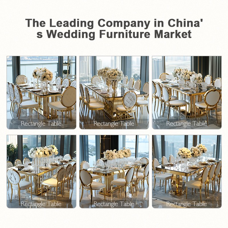 Gold Stainless Steel Rectangle Table and Chairs for Parties Wedding Rentals Hotel Furniture with Mirror Glass Tables