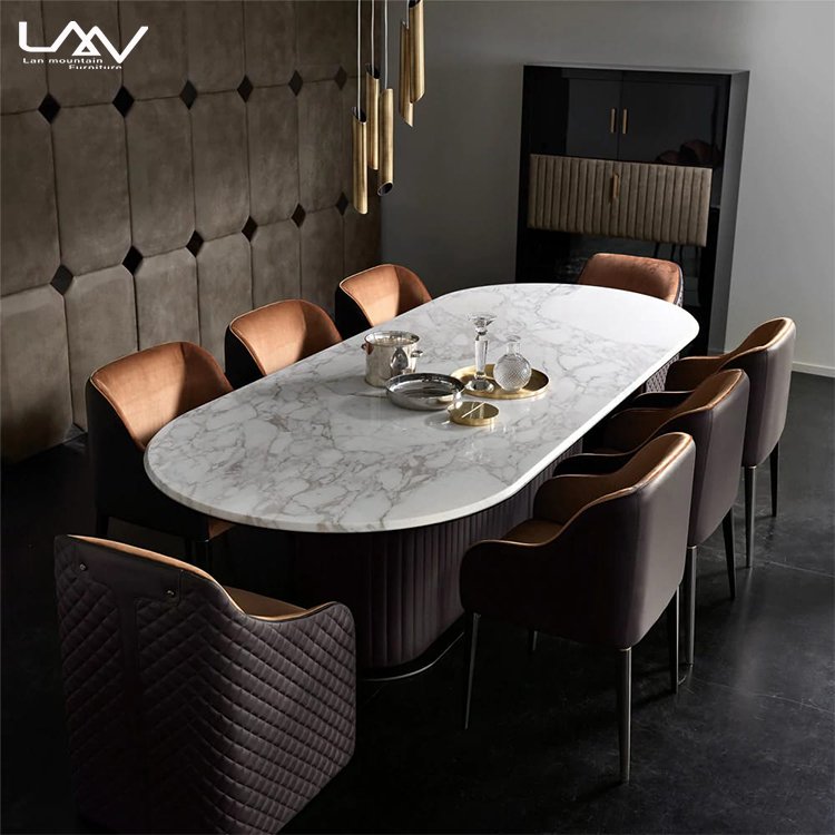 Modern Luxury Stainless Steel Base Marble Top Dining Table Villa Dining room Oval Marble Dining Table Set Furniture