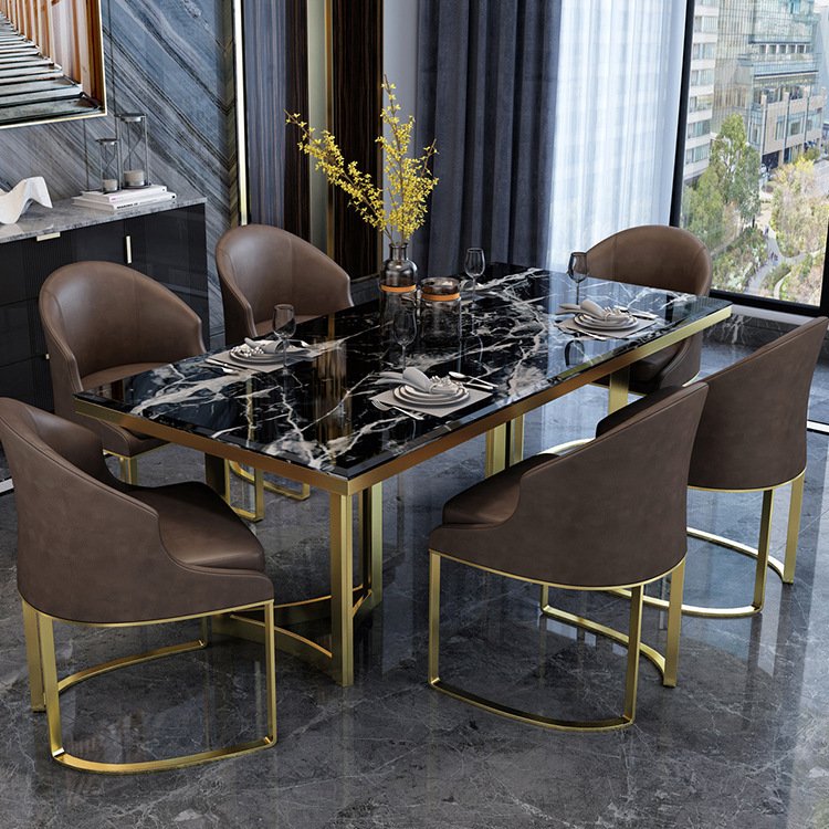 Modern Luxury golden stainless steel dining table with marble top for dining room furniture dining table set