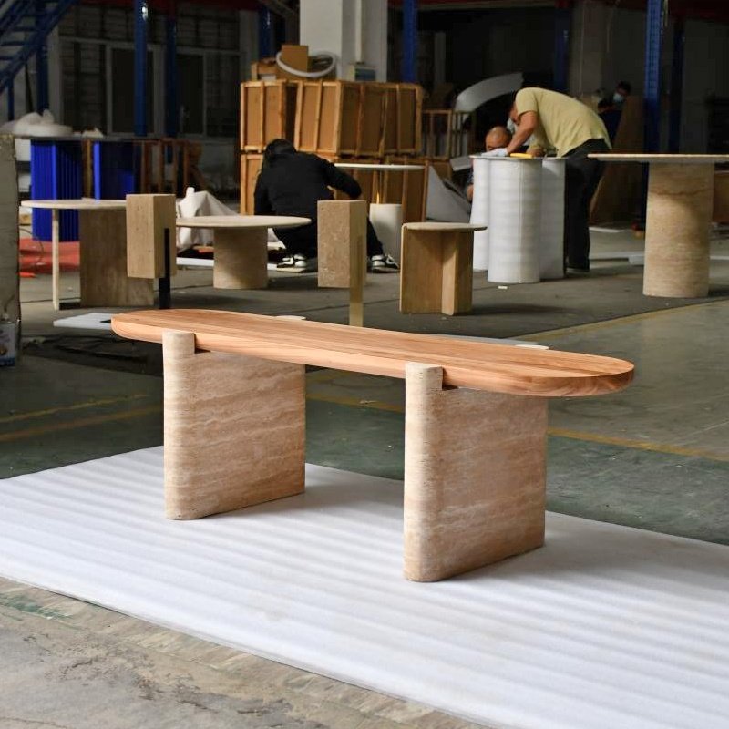 Nordic modern solid wood oak top dining tables living room long low stone travertine wooden dining table