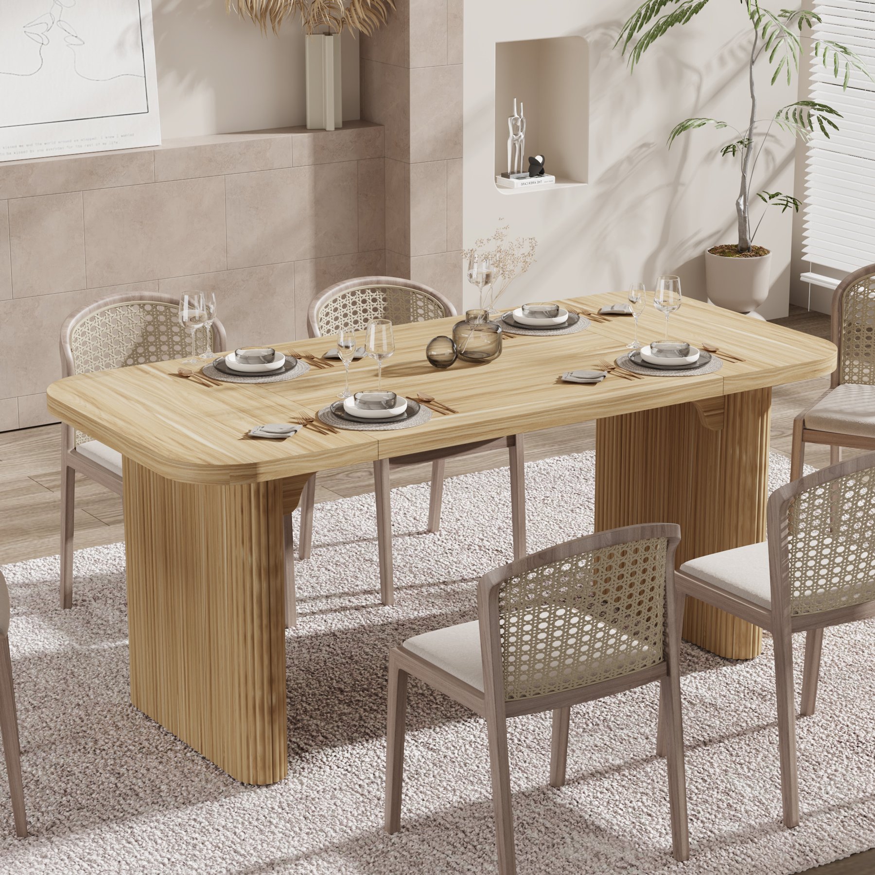 Farmhouse 62-Inch Dining Table for 4-6 Rectangular Wood Kitchen Table with Double Pedestal for Dining Room