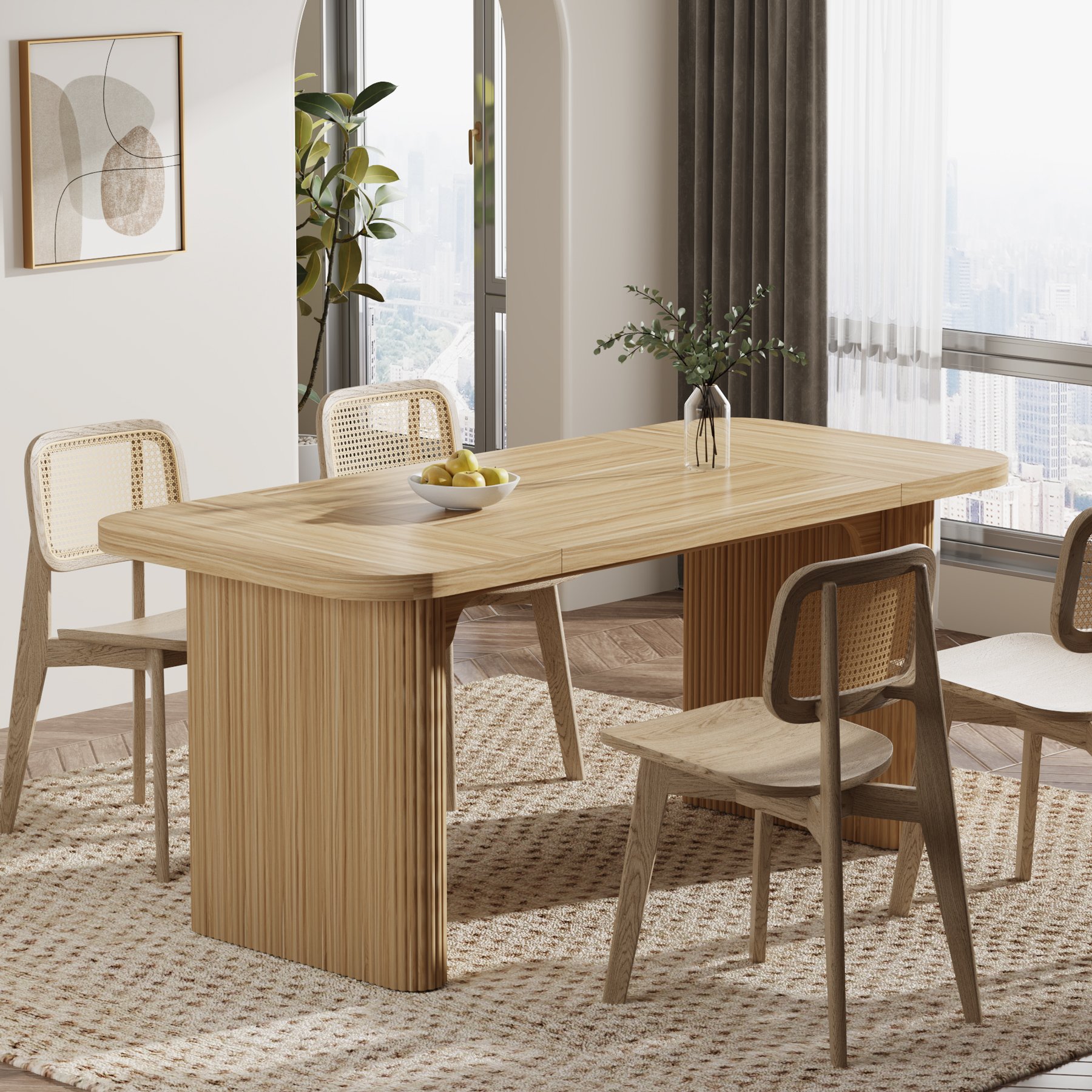 Farmhouse 62-Inch Dining Table for 4-6 Rectangular Wood Kitchen Table with Double Pedestal for Dining Room