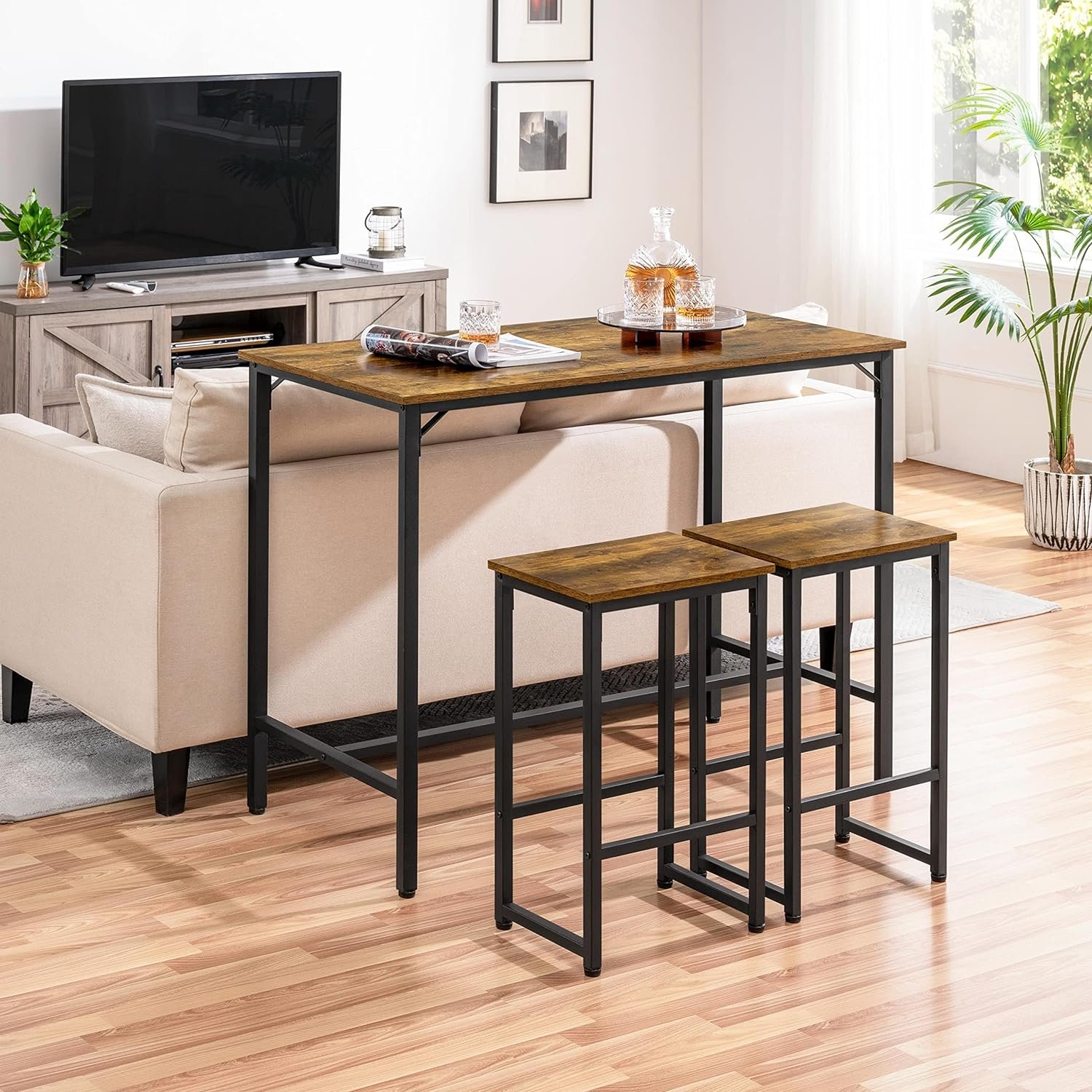 Rustic 3 Piece Pub 2 Kitchen Counter Breakfast Nook Living Room Small Space Dining Set Modern bar Table and Stools