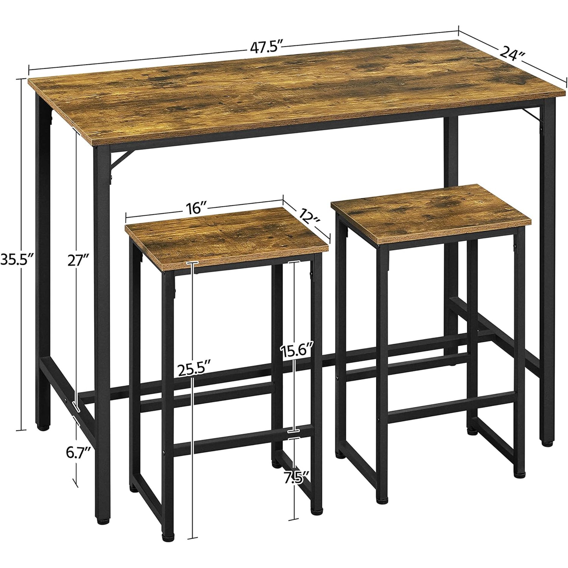 Rustic 3 Piece Pub 2 Kitchen Counter Breakfast Nook Living Room Small Space Dining Set Modern bar Table and Stools