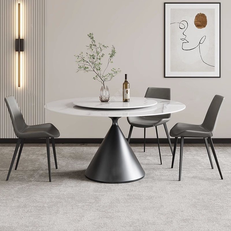 Modern Simple Luxury round Table with Turntable Rock Plate Marble Dining Table Set for Household Use