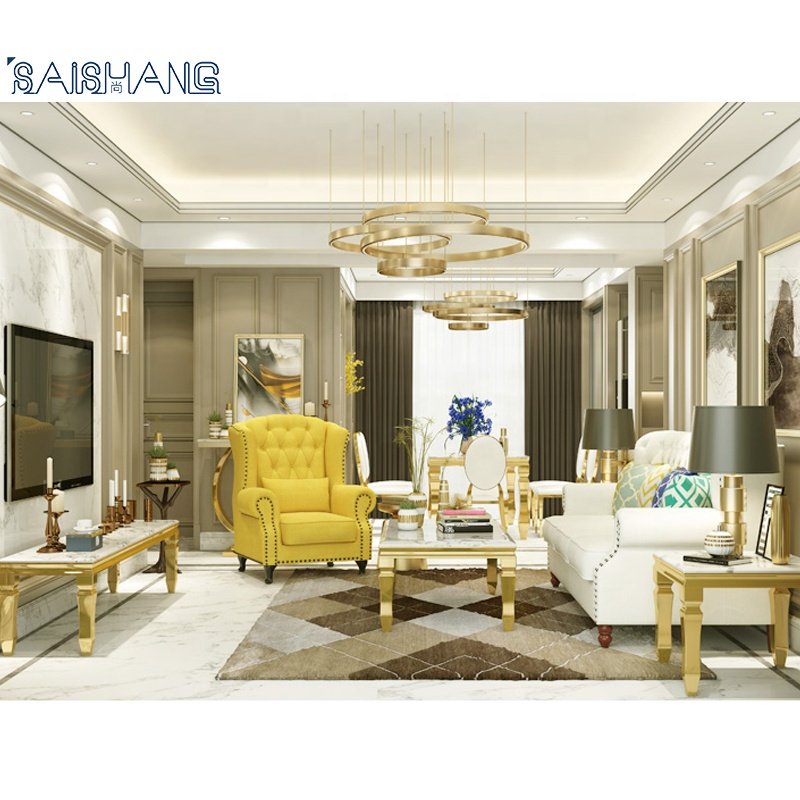 Foshan factory Steel Dining table 8 chairs metal white marble top square table dining room furniture